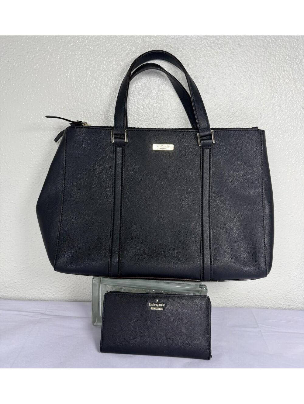 KATE SPADE Tote Bag & Wallet Set Black Textured Leather 3 Pocket Business Bag